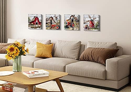 Country Wall Art Farmhouse Barn Pictures Wall Decor Rustic Windmill Rusty Truck Canvas Prints Posters Watercolor Cattle Horses Painting Farm Artwork for Bathroom Living Room Decorations 18x18”4Pcs