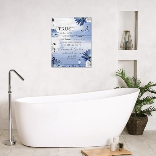LB Rustic Blue Floral Wall Art for Bathroom Bible Verse on Vintage Grey Wood Canvas Wall Art Wall Paintings Home Decor Butterfly Wall Pictures for Living Room Bedroom Office Ready To Hang,12x12 Inch