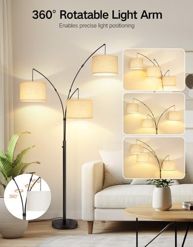 OUTON Arc Led Floor Lamp, Modern 3 Light Arched Tall Floor Lamps for Living Room, Mid Century Adjustable Standing Corner Lamps for Bedroom Office, 3 LED Bulbs Included, Beige Lampshade