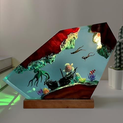 Handcrafted Octopus Resin Lamp, RGB Ocean Lamp with Wooden Base