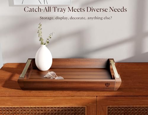 Acacia Wood Serving Tray with Metal Handles, 17x13in Large Ottoman Tray, Food Drinks Tray for Coffee Table, Breakfast, Dinner & Bar, Rustic Decorative Tray for Kitchen, Bedroom Gift Box