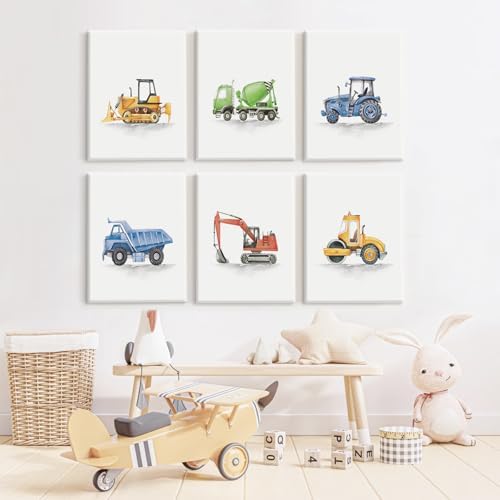 Boys Truck Wall Art Set of 6 Truck Vehicle Canvas Wall Decor Toddler Construction Wall Art Watercolor Playroom Kids Pictures Prints Nursery Artwork for Room Bedroom 12x16 Inch Framed