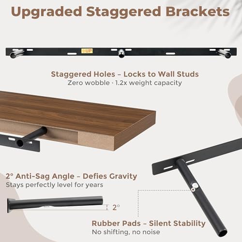 FLYJOE 48 Inch Floating Shelves for Wall Set of 2, 6.5" D Wood Grain Bathroom Shelves with Invisible Brackets, Easy Install Engineered Wood Storage Shelves for Kitchen, Living Room, Bedroom