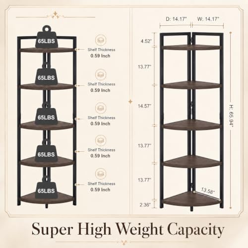 FATORRI Rustic Tall Corner Shelf, 5 Tier Industrial Corner Bookshelf for Living Room, Dark Wood and Metal Corner Plant Stand for Home Office (Walnut Brown)