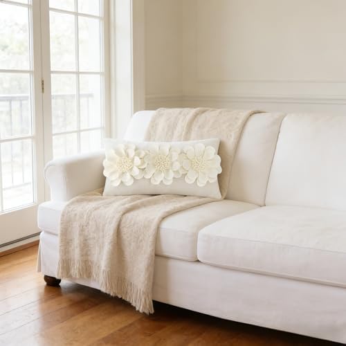 JWH 3D Flower Throw Pillow Cover Creamy White 12x20 Inches