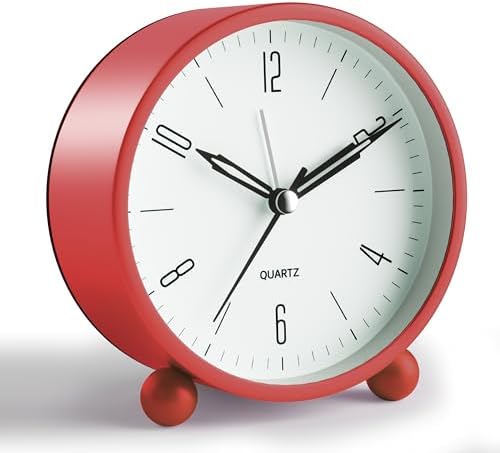 Analog Alarm Clock, 4 inch Super Silent Non Ticking Small Clock with Night Light, Battery Operated, Simple Design, Old Fashioned Style Wine-red Decor, for Bedroom, Bedside, Desk, Adult, Gift, Red