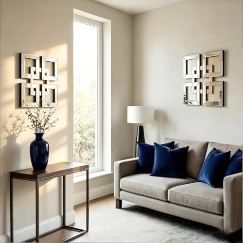 QMDECOR 2 Pack Silver Mirrored Wall Decor 12.2x12.2” Decorative Mirror Modern Fashion DIY Wall-Mounted Mirrors Square Gorgeous Glam Accent Decor Vintage Decor Chic Mirror for Room Home Decor