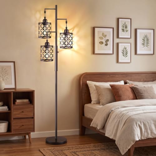 72" Industrial Tree Floor Lamp, Dimmable Farmhouse Tall Stand Light with Metal Cages & Rotary Dimmer Knob, Corner Decor Lighting for Living Room Bedroom Cafe, 3 x 800LM Bulbs Included-Brown