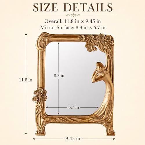 Vintage Gold Mirror Desk Decor -Antique Small Vanity Decorative, Rectangle | Table Art Nouveau with Stand, Cute Princess Frame, Tabletop Office Bedroom Furniture Room Bathroom Home Wall Accessories