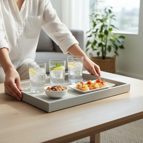 40 * 20 Inch Rectangular Ottoman Tray | Textured PU Leather, Waterproof & Heat-Resistant Storage for Coffee/Dining Tables, Sofa, Bed, Entertainment & Party (Tranquil Beige, 40 * 20in)