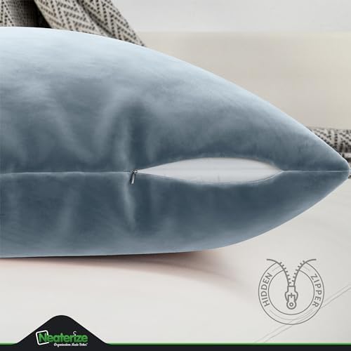 NEATERIZE Premium Velvet Pillow Covers 12x20 Dusty Blue - Washable Decorative Fabric Throw Pillow Covers for Couch or Bed - Set of 2