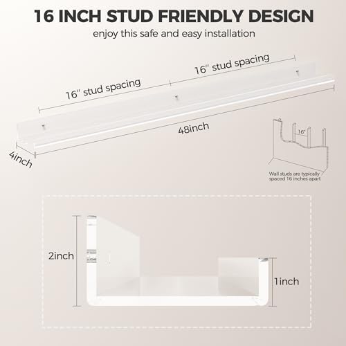 HBlife 48 Inches Invisible Wall Floating Bookshelf for Kids and Nursery, Clear Acrylic Shelves for Figures, 16 Inch Stud Spacing Long Large Picture Ledge Shelf for Photo Frames, 2 Pack (5MM Thick)
