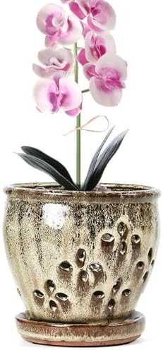 5.7 Inch Ceramic Orchid Pot with Holes Attached Saucer