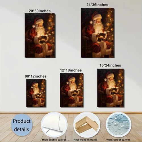 Santa Reading Book Christmas Wall Art 12x18in, Vintage Framed Canvas Prints Posters for Home Decor, Rustic Winter Painting for Christmas Wall Decor, Holiday Decoration Gifts for Bedroom