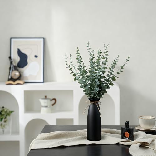 Vase with Greenery, 20pcs Artificial Eucalyptus Stems in Black Vase, Fake Plant Home Decor, 19" Decorative Faux Plants for Home Farmhouse Mantle Centerpiece Decor
