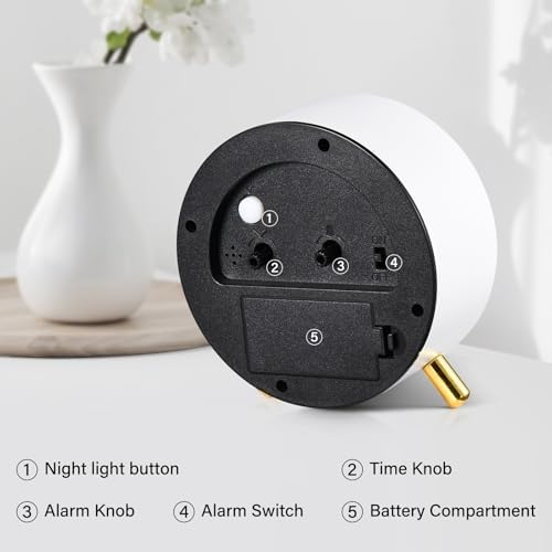 Tetino Analog Alarm Clocks,Retro Metal Desk Silent Non Ticking Small Clock with Night Light,Battery Operated,Simple Design,for Bedrooms, Bedside,Office,Home Décor (White)