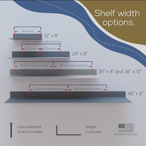 12x8 in Metal Floating Shelf Silver Wall Mounted - Made in The USA - Bedroom, Living Room, Bathroom, Kitchen