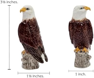WitnyStore Tiny 3½" Bald Eagle Bird On Stump Figurine - Miniature Hand Made Ceramic Birds of Prey Colorful Porcelain Feathered Animal Cute Decorative Figures Collectible Figurines Décor Gifts
