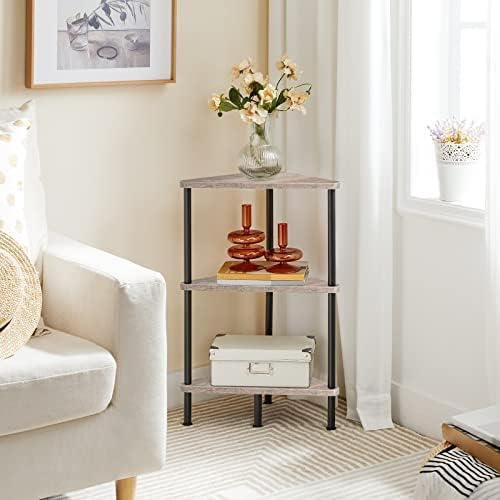 HOOBRO Corner Shelf Stand, Industrial 3-Tier Wall Corner Bookshelf with Metal Frame, Plant Display Shelf, Bookcase for Small Spaces, Living Room, Greige and Black BG30CJ01