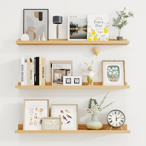 Axeman 30 Inch Floating Shelves, Oak Picture Ledge Shelf Set of 3