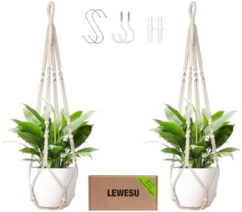 LEWESU Macrame Plant Hanger Indoor Set of 2 with 4 Hooks, Indoor Outdoor Hanging Planter for Plants Holder with Decorative Wood Beads & No Tassels, Boho Home Decor, 35 Inch Ivory (Pots Not Included)