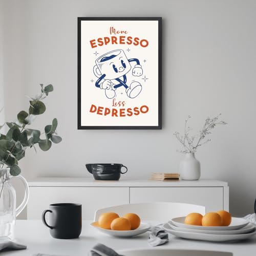 Cyebmo Black White Coffee Wall Art, More Espresso Less Depresso Wall Decor, Funny Coffee Canvas Painting, Cute Cartoon Cafe Cup Poster Print for Kitchen Office Cafe Bar, Wood Framed 12x16 Inch