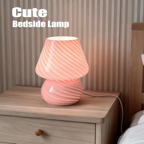 jonong Bedside Lamp Glass Striped Mushroom Table Lamp with 3 Color Modes LED Small Decorative Table Lamp for Gift Present,Suit for Bedroom, Living Room, Home Decor, Baby, Kids, Women (Pink)