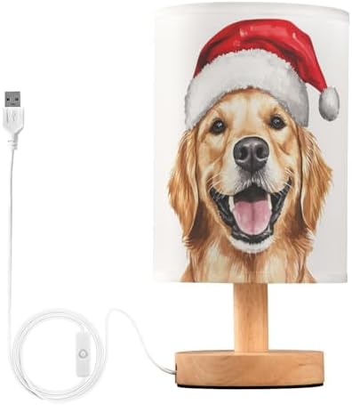 Christmas Golden Retriever Dog Santa Hat Bedside Table Lamps with USB Port for Bedroom Lamp Small Nightstand Lamp Sturdy Linen Shade Wooden Decorative Lamps for Nursery Kids Reading Dorm Home