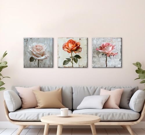 NAN Wind 3Pcs Rose with Distressed Wood Background Framed Canvas Art Vintage Floral Botanical Print Shabby Chic Flower Painting for Home Decor Ready to Hang Wall Art for Living Room Bedroom Kitchen