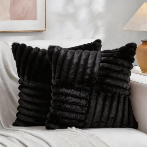 All Smiles Black Faux Fur Decorative Throw Pillow Covers 24x24 Set of 2