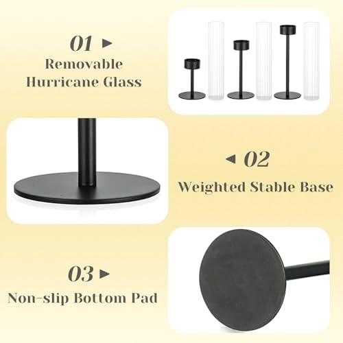 Hewory Black Taper Candle Holders: Candlestick Holders Set of 3 Hurricane Glass Tall Candle Holder for Candlesticks Candle Sticks Holder Decor for Table Centerpiece Wedding Party Christmas Decorations