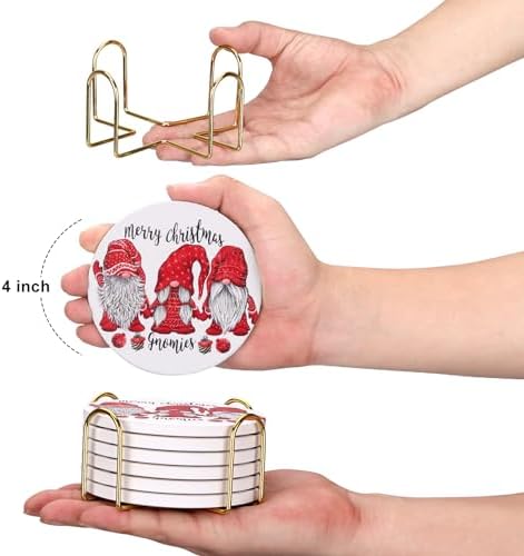 6 Pcs Ceramic Christmas Gnome Coasters With Holder - Best Round Absorbent Drink Coasters Gift for Xmas Holiday Bar - Coffee Cup Farmhouse Table Decorative Set