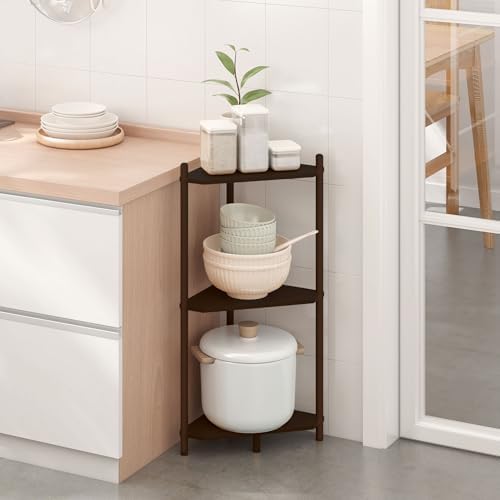 Wisuce Brown Small Corner Shelf Stand, 3-Tier Bamboo Corner Bookshelf