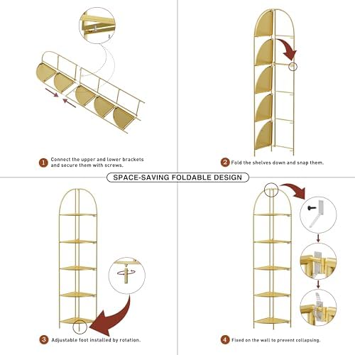 Crofy 5-Tier Foldable Corner Shelf, Metal Gold Frame & Shelves