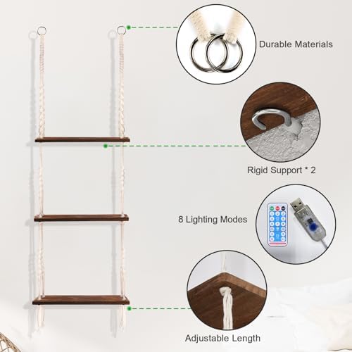 Hanging Shelf with Vine Lights(USB Powered), Macrame Shelf, Wall Shelf with Handmade Ropes, 3 Tier Floating Shelf, Boho Room Decor Aesthetic for Succulents, Bedroom, Living Room, Bathroom