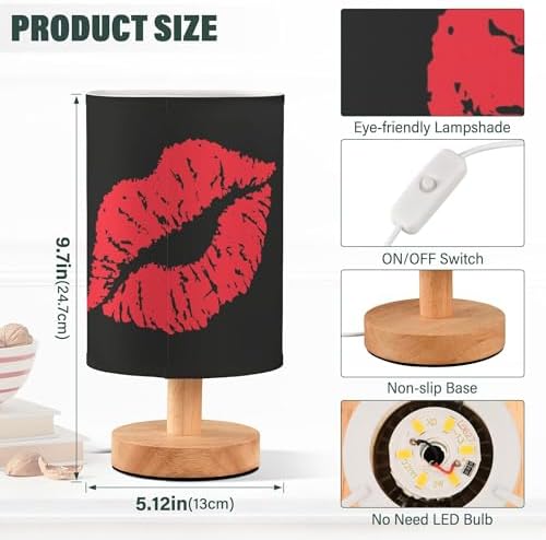 Table Lamp Sexy Red Lip on Black Nightstand Lamp with Wood Base Fabric Lamp Shade Bedside Desk Lamp for Living Room Bedroom Kids Room Office