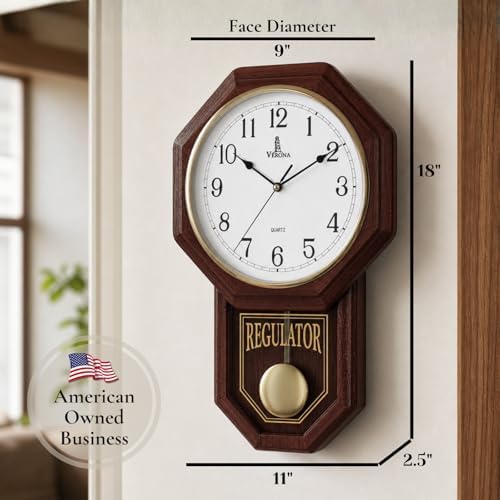 Pendulum Wall Clock, Real Wood Regulator Clock, Quiet, Non-Chiming, Wooden