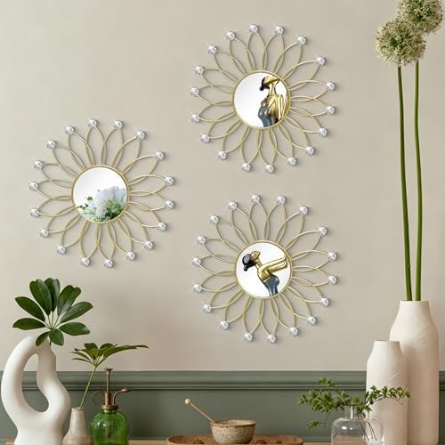 3 Pack Metal Mirrors for Wall Sunburst Wall Mirrors Home Décor Decorative Hanging Wall Art for Living Room Bedroom Entryway (Gold2 Crystal, Flowers)