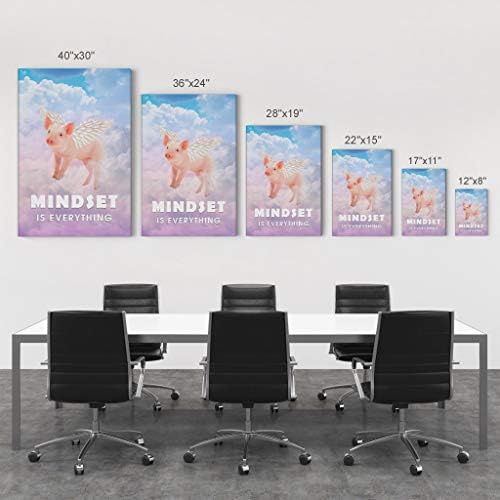 Smile Art Design Mindset is Everything Cute Pig with Wings Flying in Sky Motivational Canvas Wall Art Inspirational Wall Art Entrepreneur Quote Print Office Living Room Decor Gift Ready to Hang 17x11