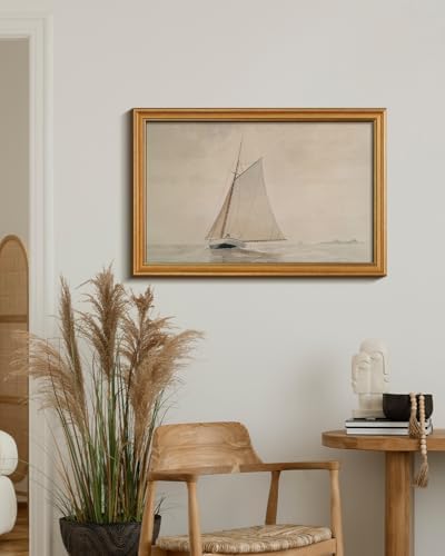 WHASAYART Gold Framed Vintage Wall Art for Living Room, Seaview Painting Prints Shelf Decor for Kitchen, Aesthetic Bedroom Large Wall Art, Gifts for Friends or Family (White Sailboat - 16"x24")
