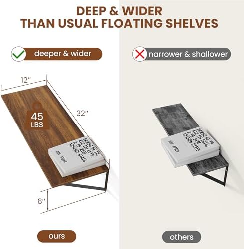 Heimlove 32W x 12D Deep Floating Shelves Set of 2 Walnut