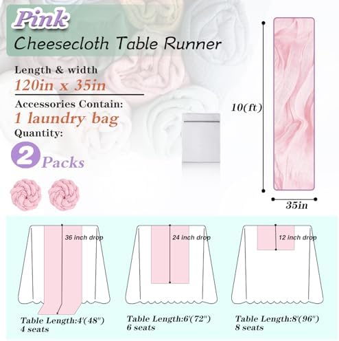 Pink Cheesecloth Table Runner 2 Pack 35" Boho Gauze Runner 120 inches Long Runner Rustic Sheer Fabric Bulk for Boho Baby Shower Wedding Bridal Birthday Party Table Decorations