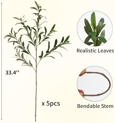 Leftover 5 Pcs 33.4'' Faux Olive Branches for Vase Realistic,Tall Faux Greenery for Vase,Fake Plants,Eucalyptus Stems,Faux Stems for Centerpieces Decoration,Home Decor,Table Decor(No Olive Fruit)