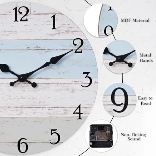 KECYET Wall Clock 14 Inch Silent Non-Ticking Coastal Beach Style Wall Clocks Battery Operated Rustic Retro Decorative for Kitchen, Bathroom, Living Room, Laundry Room(Azure Blue)
