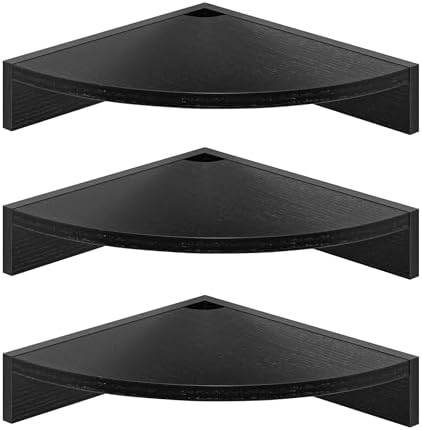 Fun Memories Corner Shelf Wall Mount, Wood Floating Corner Shelves, Corner Wall Shelf for Bedroom, Bathroom, Kitchen, Living Room (Black, 3 Pack)