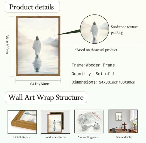 Jesus Walking on Water Wall Art White Jesus Wall Decor Christian Faith Painting 3D Textured Hand Drawn Sandstone Artwork for Living Prayer Room Bedroom 24x36 inch Wood Framed