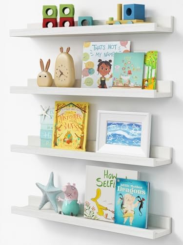 24 Inch Floating Nursery Book Shelves, White Picture Ledge Shelf 4-Pack