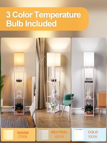 Pink Floor Lamp with Shelves for Living Room, Shelf Floor Lamp with 3 CCT LED Bulb, Corner Display Standing Column Lamp Etagere Organizer Tower Nightstand with White Linen Shade for Bedroom, Office