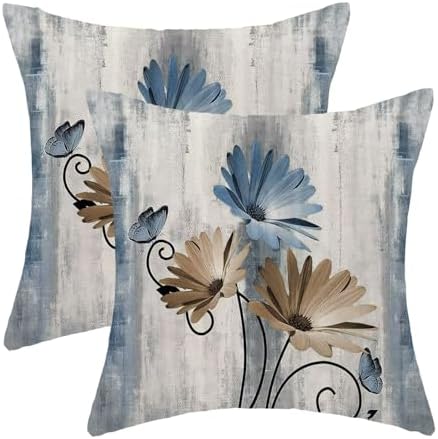 Blue Brown Floral Pillow Covers 18 x 18 Inch Set of 2 Daisy Floral Butterfly Decorative Throw Pillow Covers Linen Rustic Farmhouse Cushion Cases for Home Sofa Couch Living Room Decor