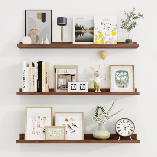 Axeman 30 Inch Floating Shelves, Walnut Picture Ledge Shelf Set of 3